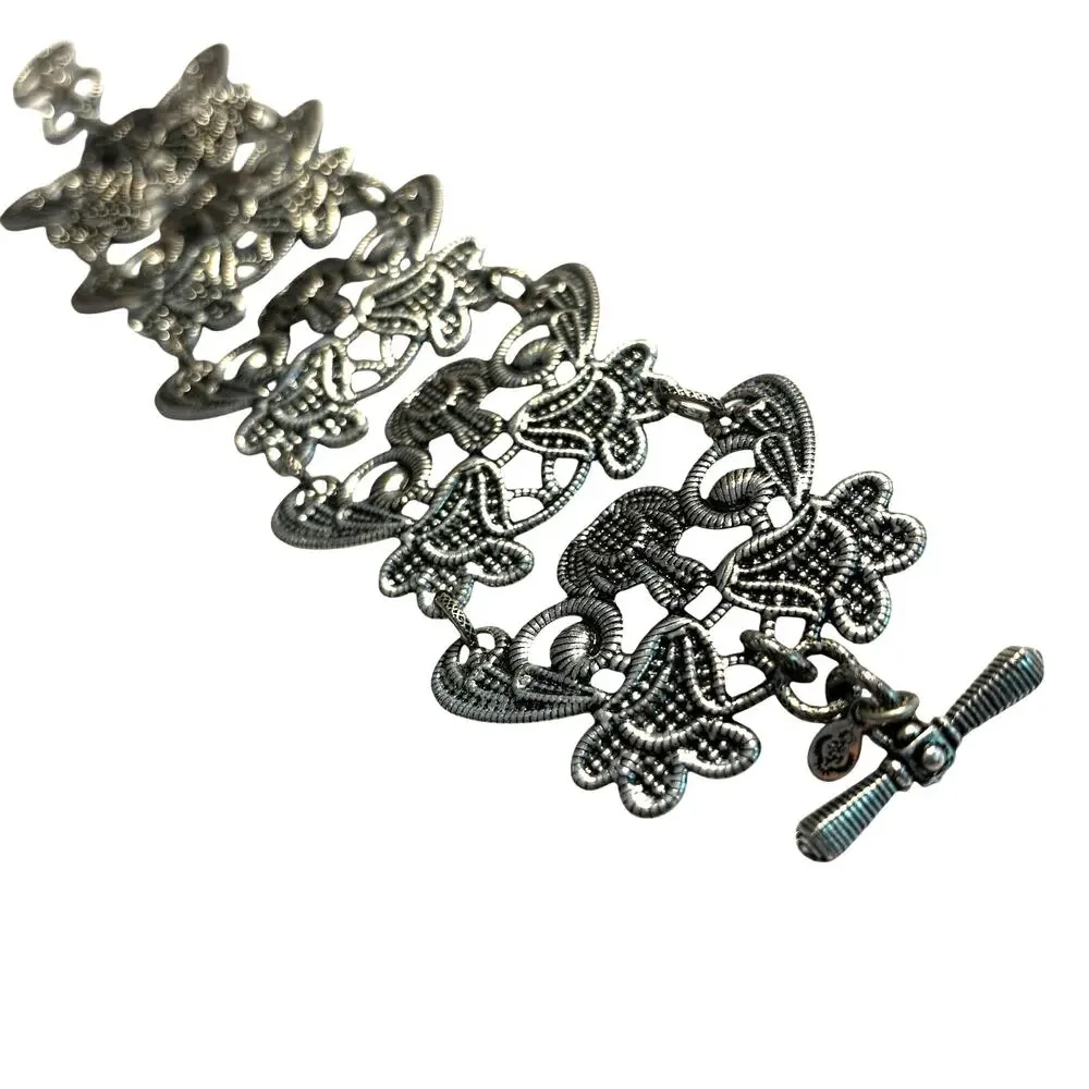 Vintage Premier Designs Wide Silver Panel Chain Bracelet textured ornate Boho